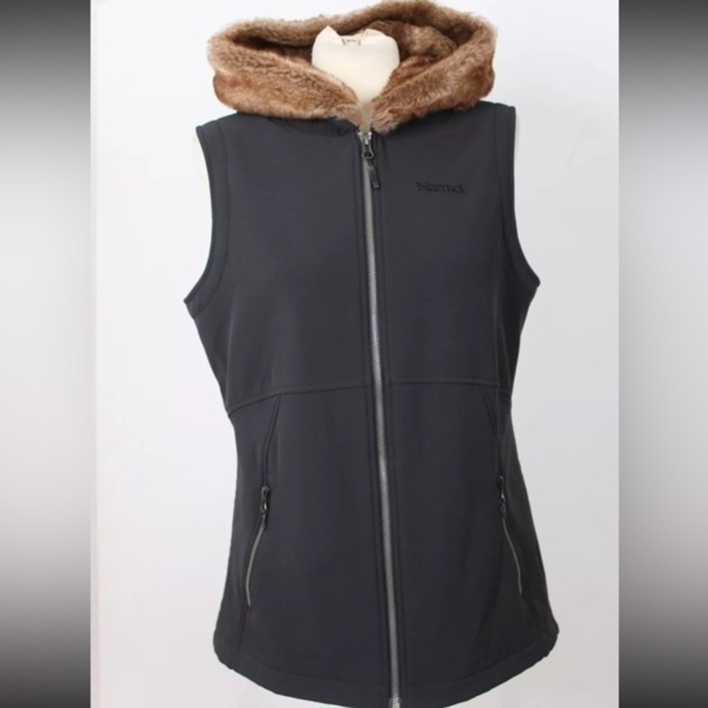 Marmot small / woman’s Black Zip Softshell Fleece-Lined Vest Faux Fur Trim Hood